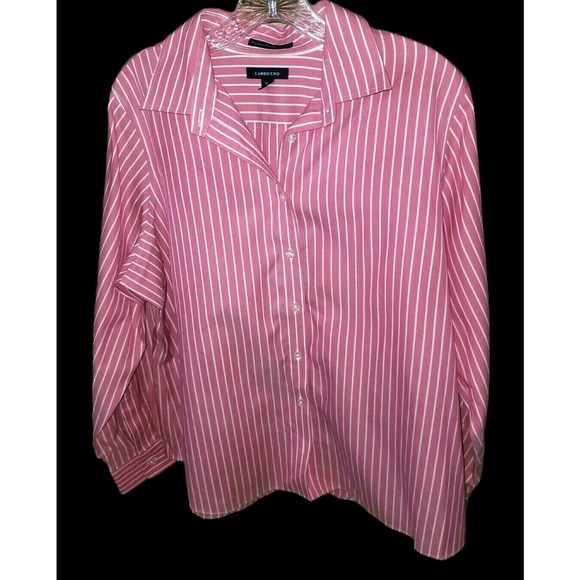 Lands End Pink White Striped No Iron Pinpoint Oxford Button-Up Blouse Top 18P